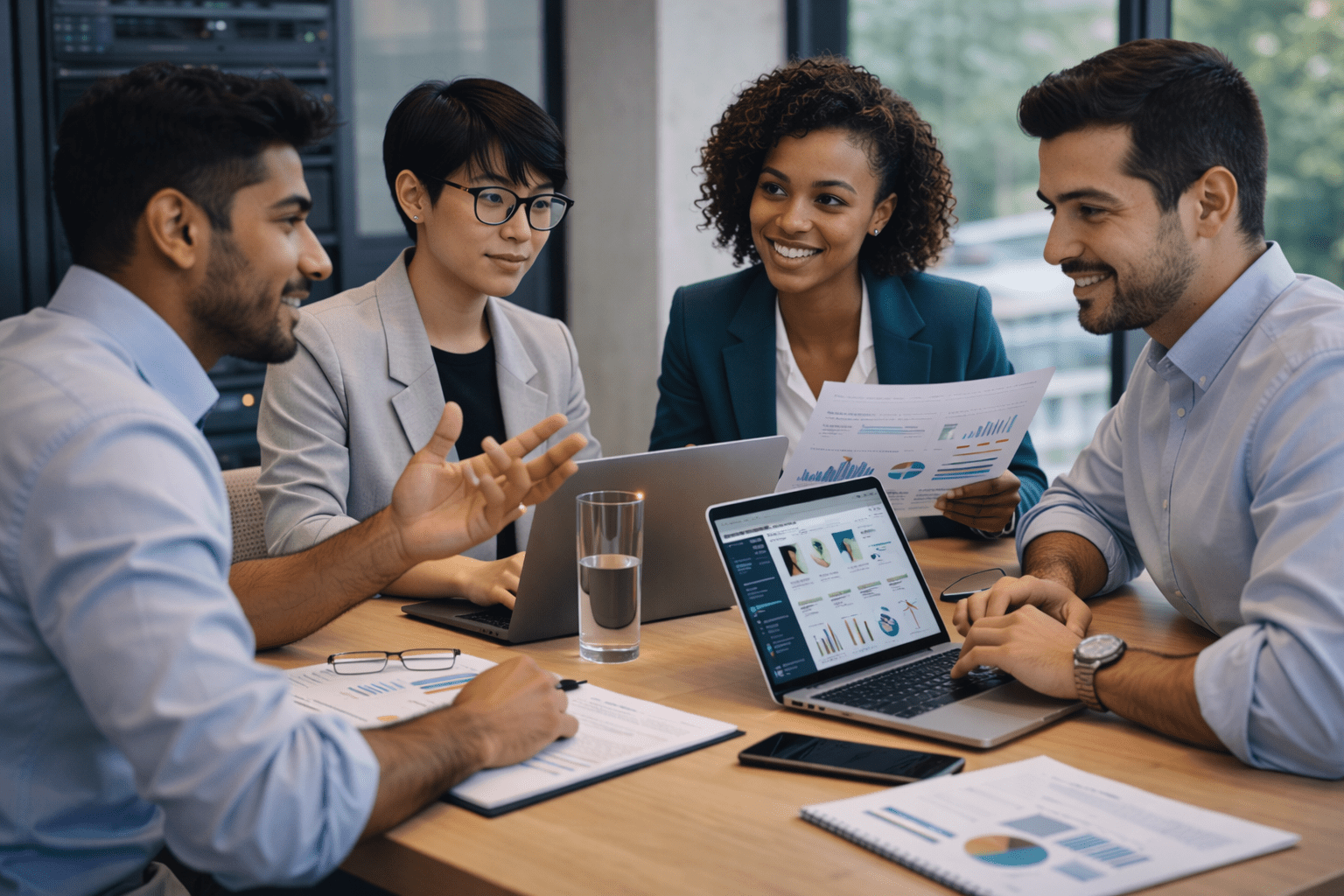 Collaborative IT, Cybersecurity, and Human Capital Advisory Meeting Multi-ethnic professionals collaborating in a modern office on IT, cybersecurity, and HR strategy using laptops and analytics dashboards.